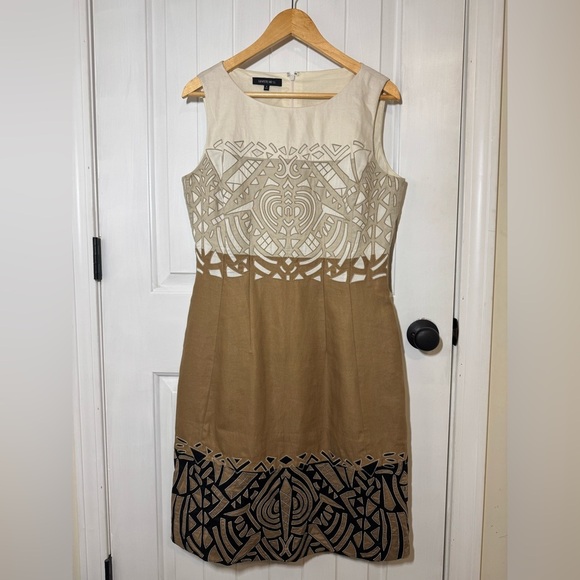 Lafayette 148 New York Cream and Brown Sheath Linen Dress - Picture 1 of 9